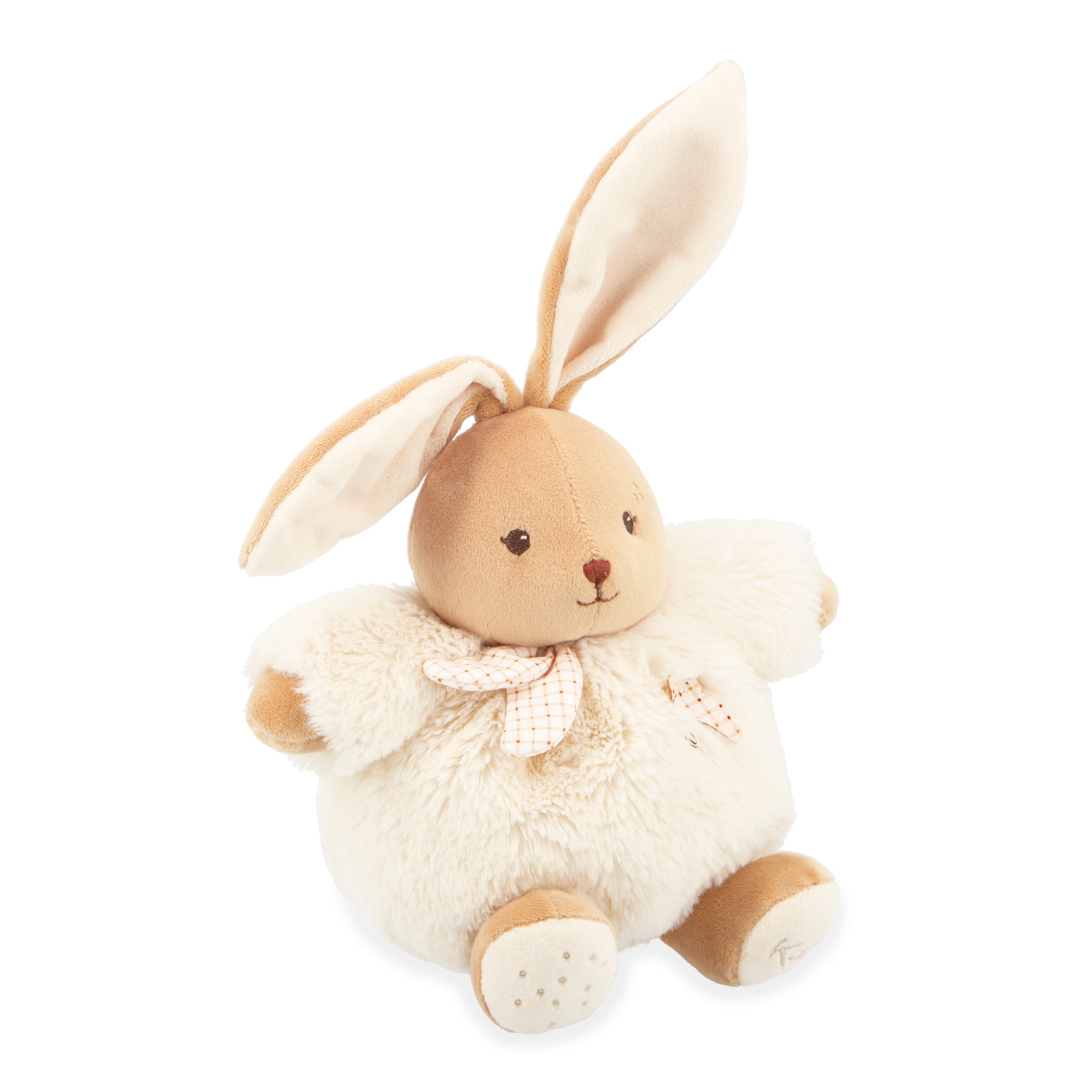 Plush toy rabbit with beige body and white paws on a white background