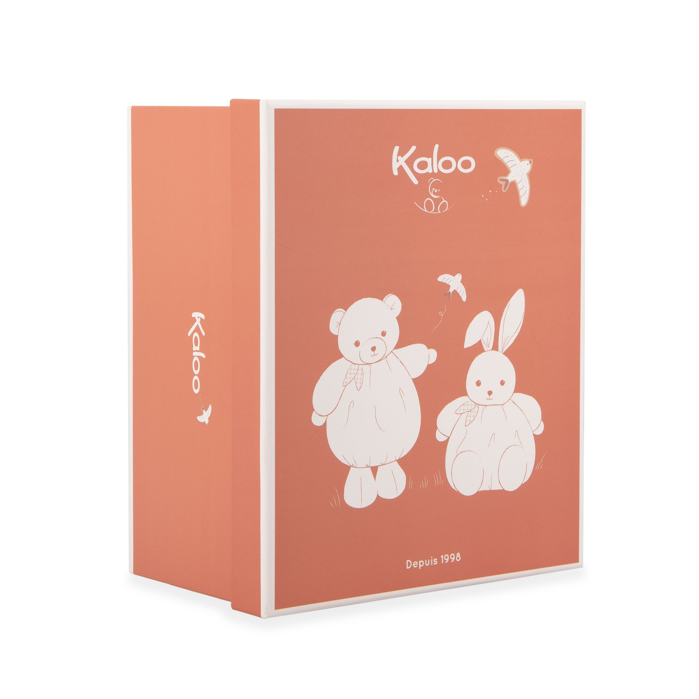 Product packaging with 'Kaloo' branding and illustrations of a bear and a rabbit on a pink background.