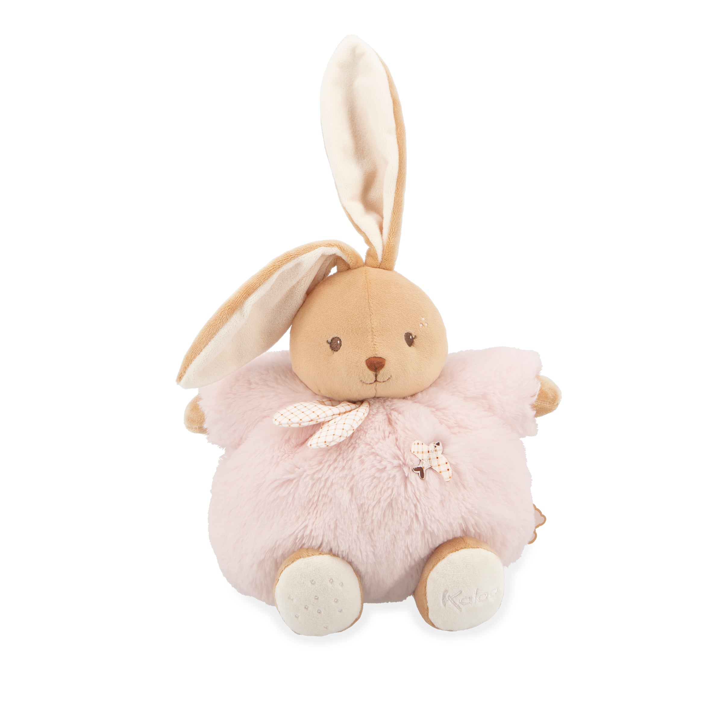 Plush toy rabbit with a pink outfit on a white background