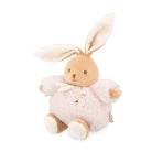 Plush toy rabbit with white fleece and beige ears on a white background