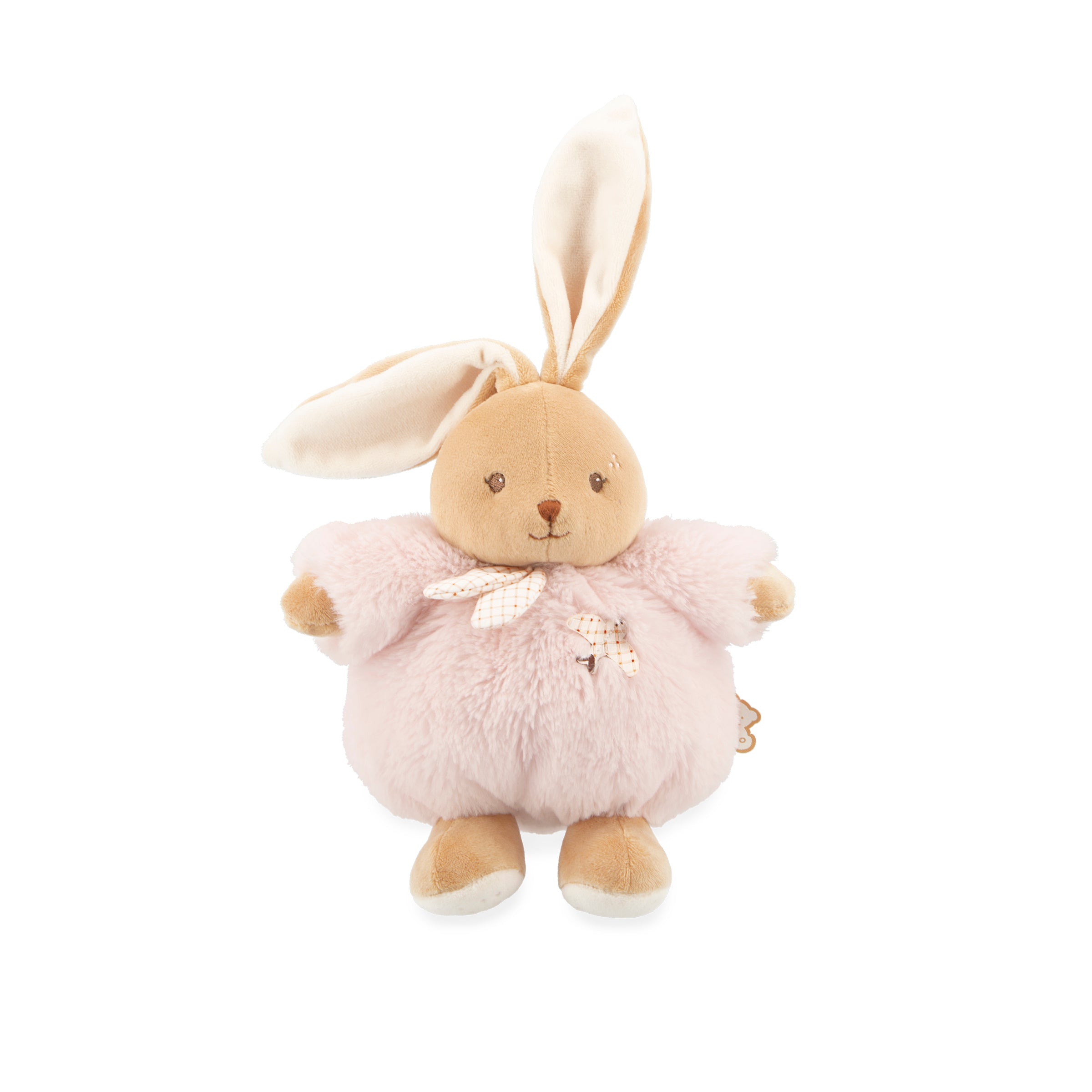 Plush toy rabbit with a pink outfit on a white background