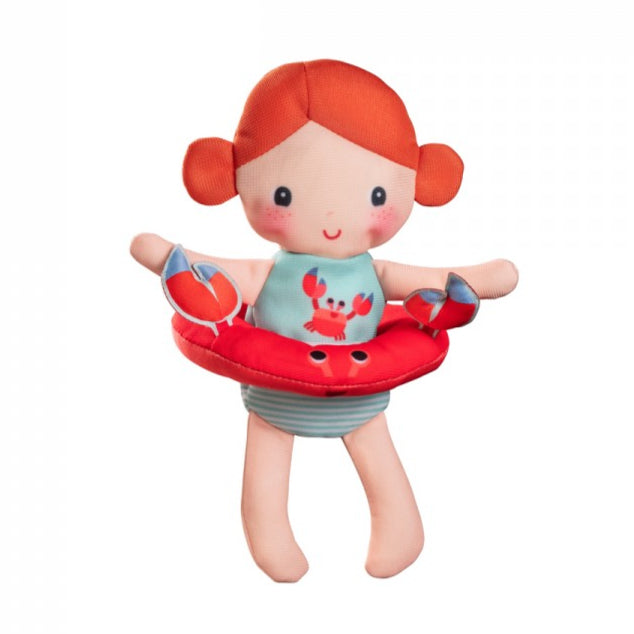 Toy doll with red hair and a life preserver on a white background