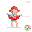 Toy doll with red hair and a removable float, showing measurements and additional dolls in the corner.