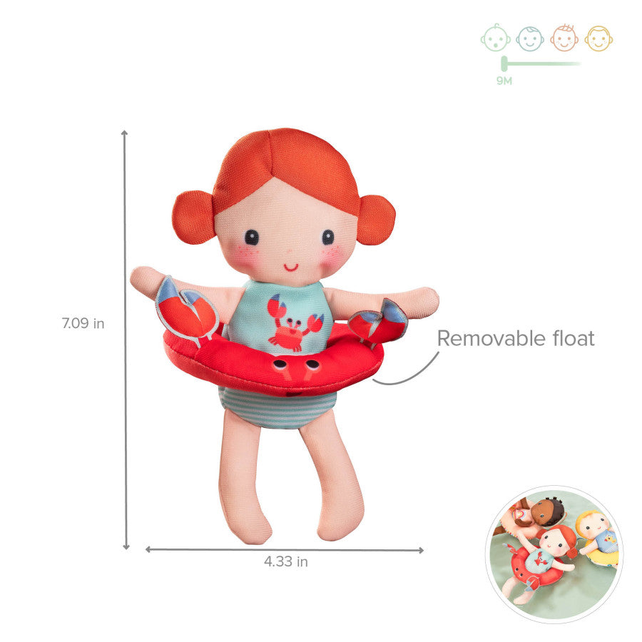 Toy doll with red hair and a removable float, showing measurements and additional dolls in the corner.