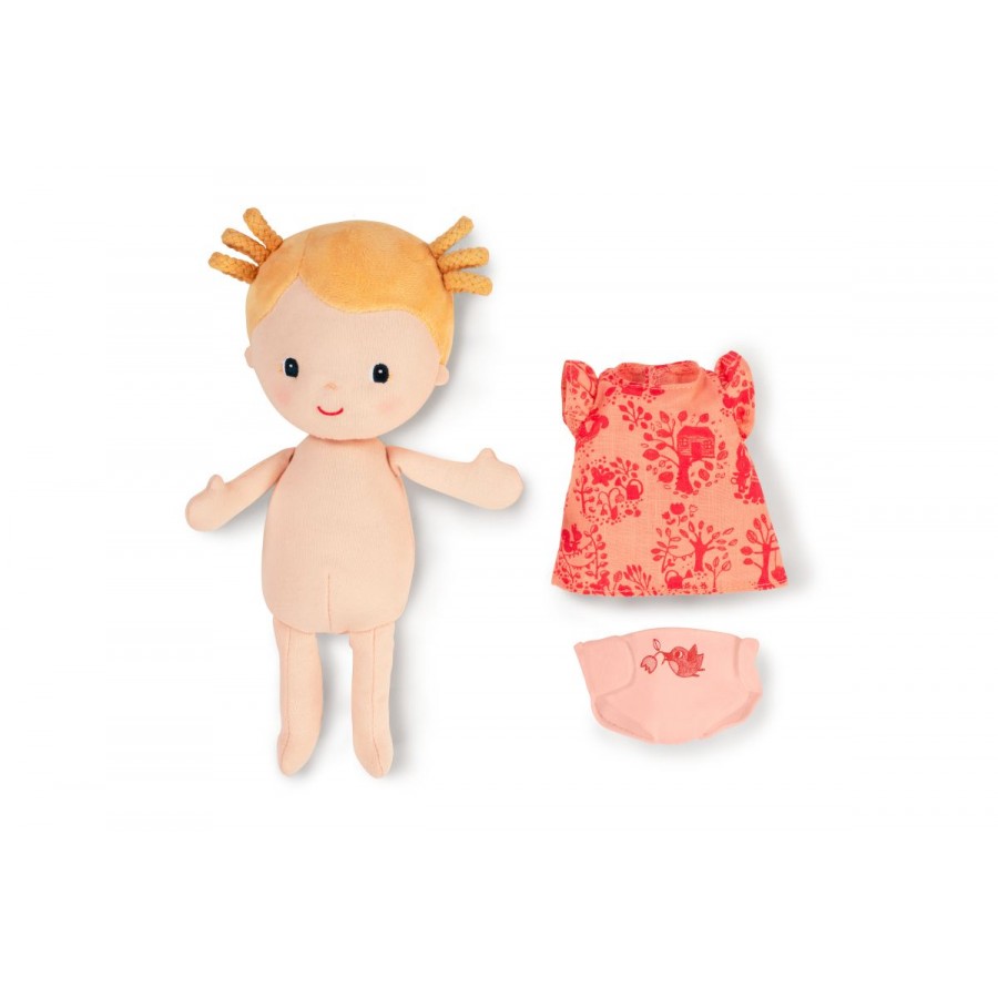 Plush doll with blonde hair and a small outfit on a white background