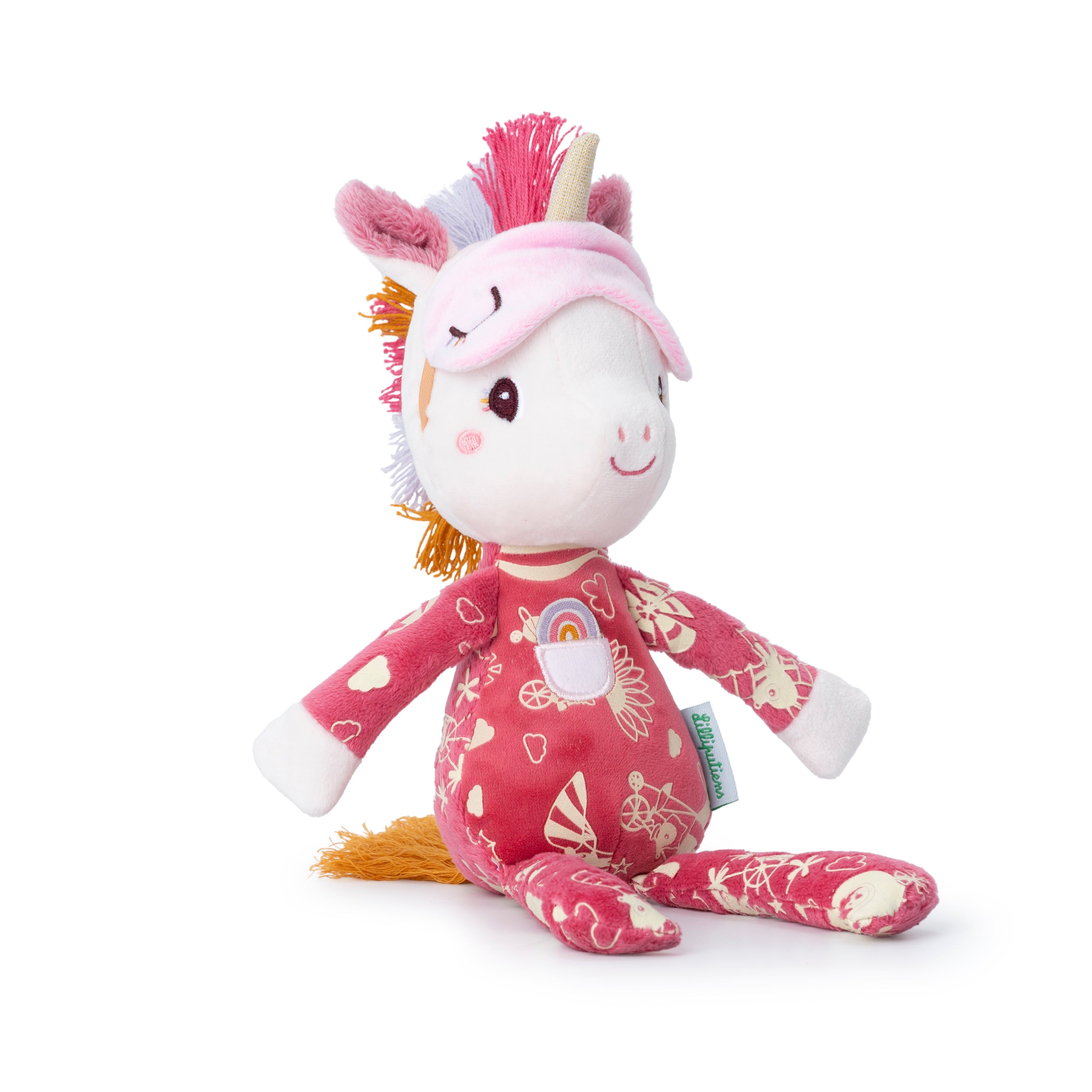 Stuffed unicorn toy with unicorn design on a white background