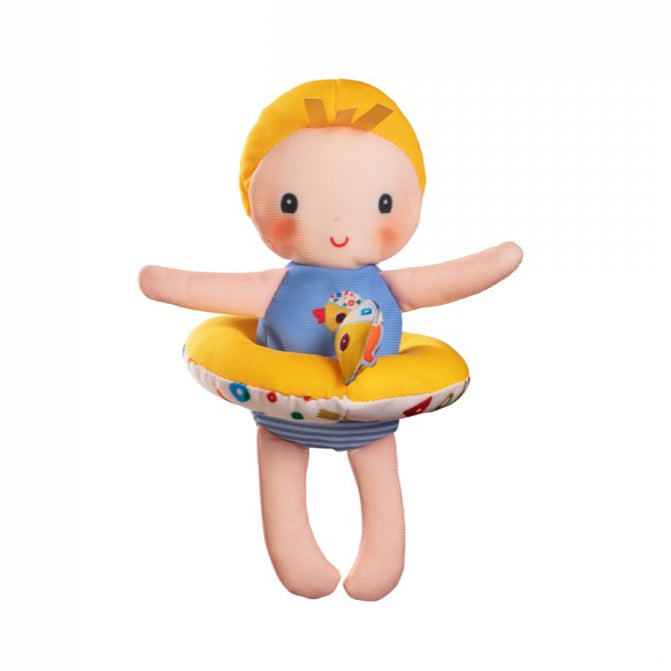 Toy doll with a yellow swim ring and blue swimsuit on a white background