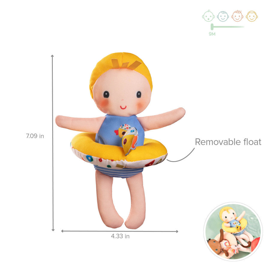 bath doll with a removable float and measurements on a white background