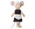 Stuffed mouse toy wearing a black dress with a white apron on a white background