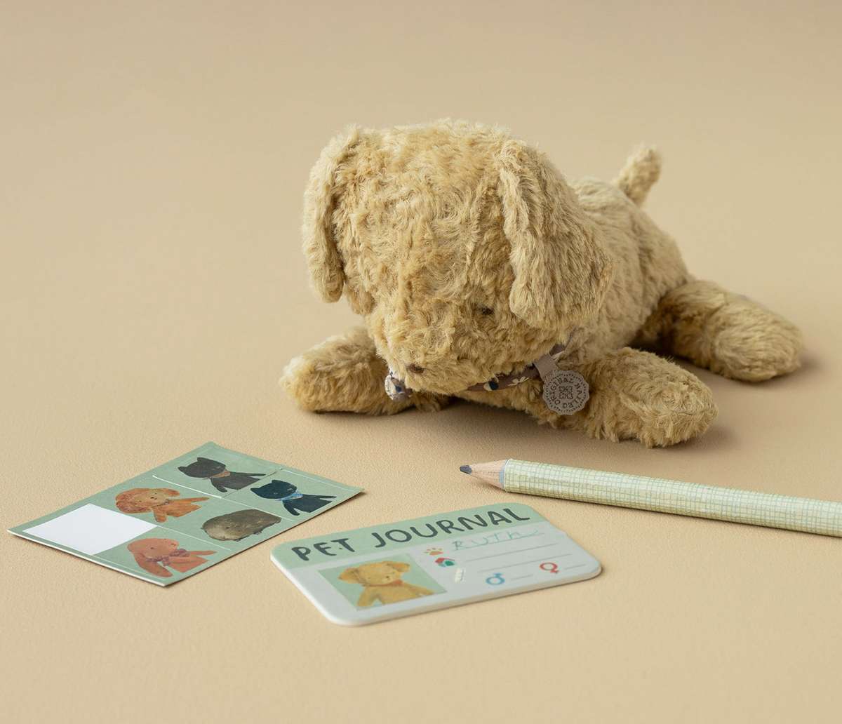 Stuffed dog toy with pet journal, cards, and pencil on a beige background