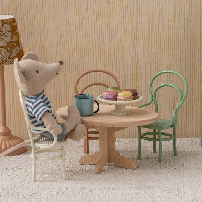 MAileg wooden oval dining table with mouse in a doll house setting 