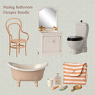 Collage of bathroom furniture and accessories with text 'Maileg Bathroom Pamper Bundle' on a light green patterned background.