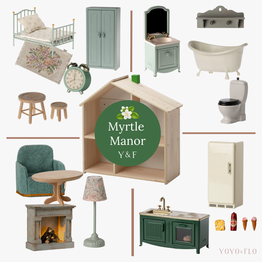 Collage of miniature furniture and decor items with 'Myrtle Manor Y&F' branding.