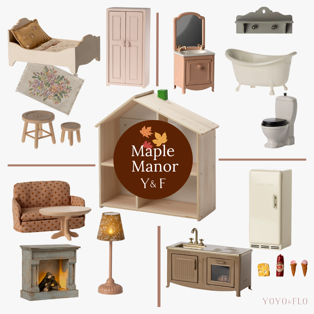 Collage of miniature furniture pieces with 'Maple Manor Y&F' branding.