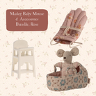 Maileg Baby Mouse and accessories bundle on a floral background