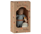 Stuffed toy rabbit in a cardboard box with 'Baby Rabbit' text and Maileg branding.