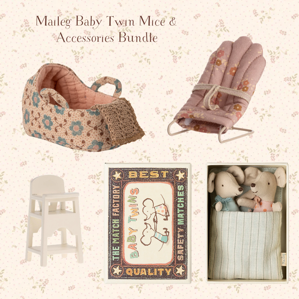 Maileg Baby Twin Mice & Accessories Bundle with floral bassinet, high chair, matchbox, and gift box on a floral background.