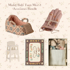 Maileg Baby Twin Mice & Accessories Bundle with floral bassinet, high chair, matchbox, and gift box on a floral background.