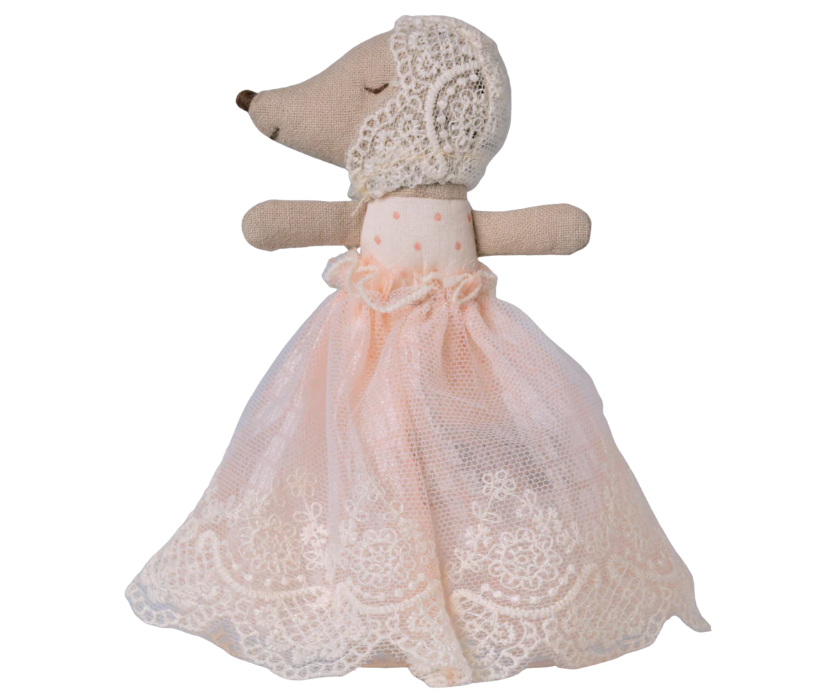 Maileg Baby mouse in gown - powder Stuffed animal toy with a lace dress on a white background