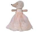 Maileg Baby mouse in gown - powder Stuffed animal toy with a lace dress on a white background