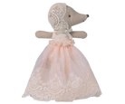 Toy maileg mouse in a lace dress and bonnet on a white background