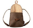 A small brown pebbled leather pouch with a top loop, a wide shoulder strap, and a tan fabric lining visible inside, shown on a plain white background.