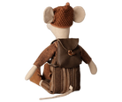 A small plush mouse figure shown from the back, wearing a brown knit hat, textured brown top, and striped brown bag, photographed on a plain white background.