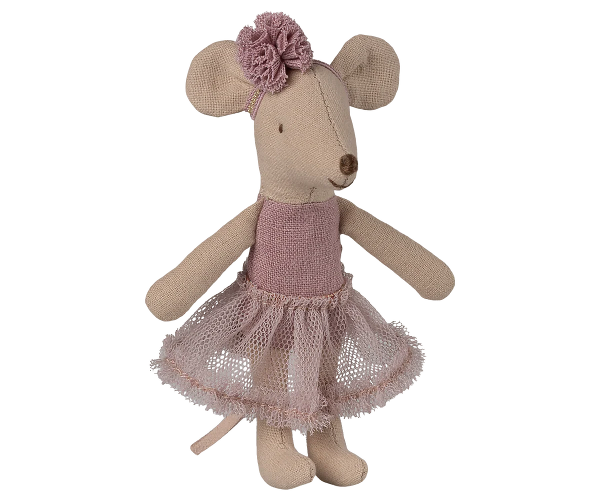 Stuffed Maileg mouse toy with a pink dress and flower headband on a white background