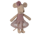 Stuffed Maileg mouse toy with a pink dress and flower headband on a white background