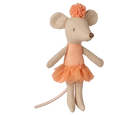 A plush mouse doll with beige fabric body, wearing a peach-orange tutu skirt and matching top, with a peach pom-pom on its head, isolated on a white background.
