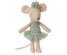 A small plush mouse doll with beige fabric body, wearing a sage green tutu dress and matching green flower crown, photographed on a plain white background.