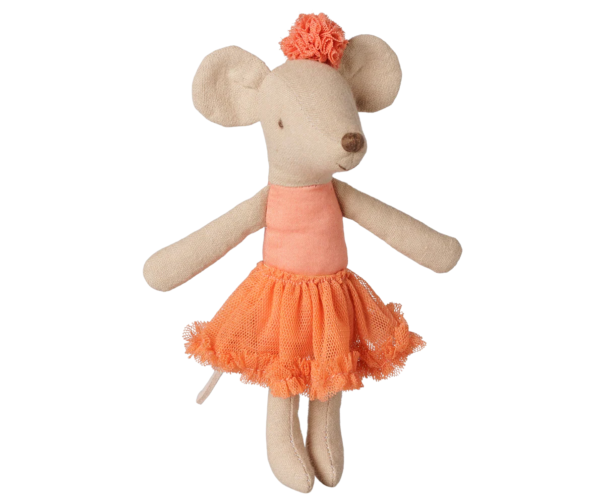 A plush toy mouse doll with beige fabric body, wearing a peach top and orange tutu skirt, with an orange flower on its head, isolated on a white background.