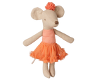 A plush toy mouse doll with beige fabric body, wearing a peach top and orange tutu skirt, with an orange flower on its head, isolated on a white background.