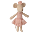 A plush mouse doll with beige fabric body, wearing a light pink dress and matching flower headband, isolated on a white background.