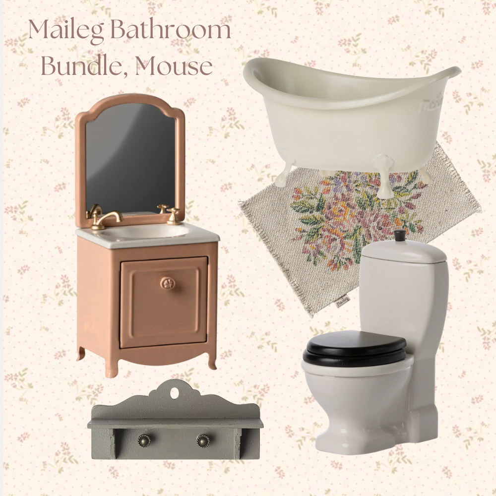 Collage of miniature bathroom furniture and accessories on a floral background
