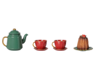 A miniature tea set and dessert display featuring a green teapot with gold accents, two red teacups with saucers, and a small brown pudding on a plate, all arranged on a plain white background.