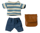 Knitted blue and white striped shirt, blue shorts, and brown leather pouch on a white background