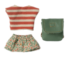 maileg mouse Striped shirt, floral skirt, and green pouch on a white background