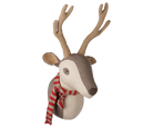 A fabric reindeer head wall decor piece with tan antlers, a brown and cream face, and a red and white striped scarf, isolated on a white background.