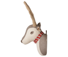 A decorative wall-mounted plush deer head with a light tan antler, cream face, taupe-gray neck and ear areas, and a red-and-white striped scarf, shown against a plain white background.
