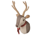 A decorative fabric reindeer head wall hanging with tan antlers, a brown and cream face, and a red-and-white checkered scarf, shown on a plain white background.
