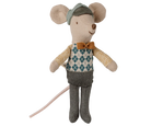 A plush toy mouse dressed in vintage clothing, featuring a beige body, gray trousers, a blue and beige argyle sweater vest, a brown bow tie, and a gray cap, set against a plain white background.