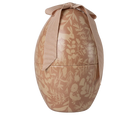 Decorative egg-shaped container with a floral pattern and ribbon on a white background