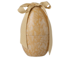 Decorative egg-shaped container with floral pattern and gold ribbon on a white background