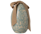 Egg-shaped container with floral pattern and brown ribbon on a white background