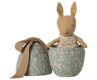 Stuffed rabbit toy in a easter egg on a white background