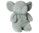 A light gray plush elephant toy with a glittery silver bow around its neck, set against a plain white background.