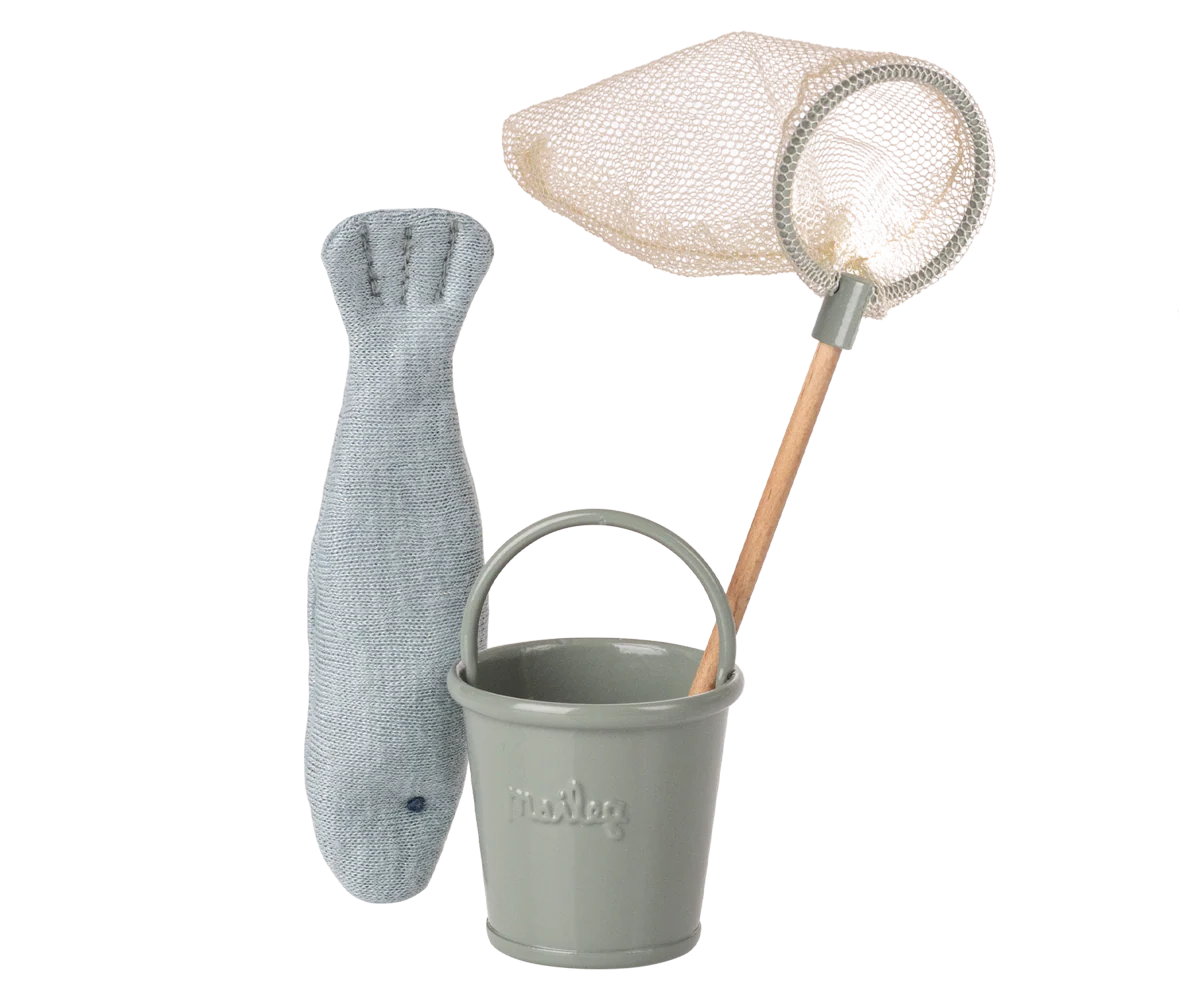 Children's toy set with gray fish, bucket, and net on a white background