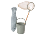 Children's toy set with gray fish, bucket, and net on a white background