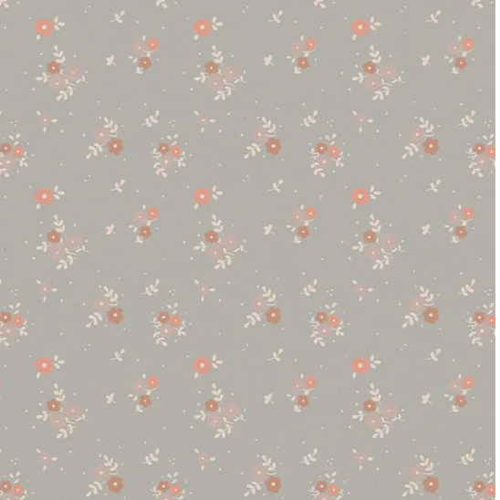 A vertical rectangular panel showing a repeating small floral pattern on a warm gray background, with peach, cream, and muted brown blossoms and leaves.